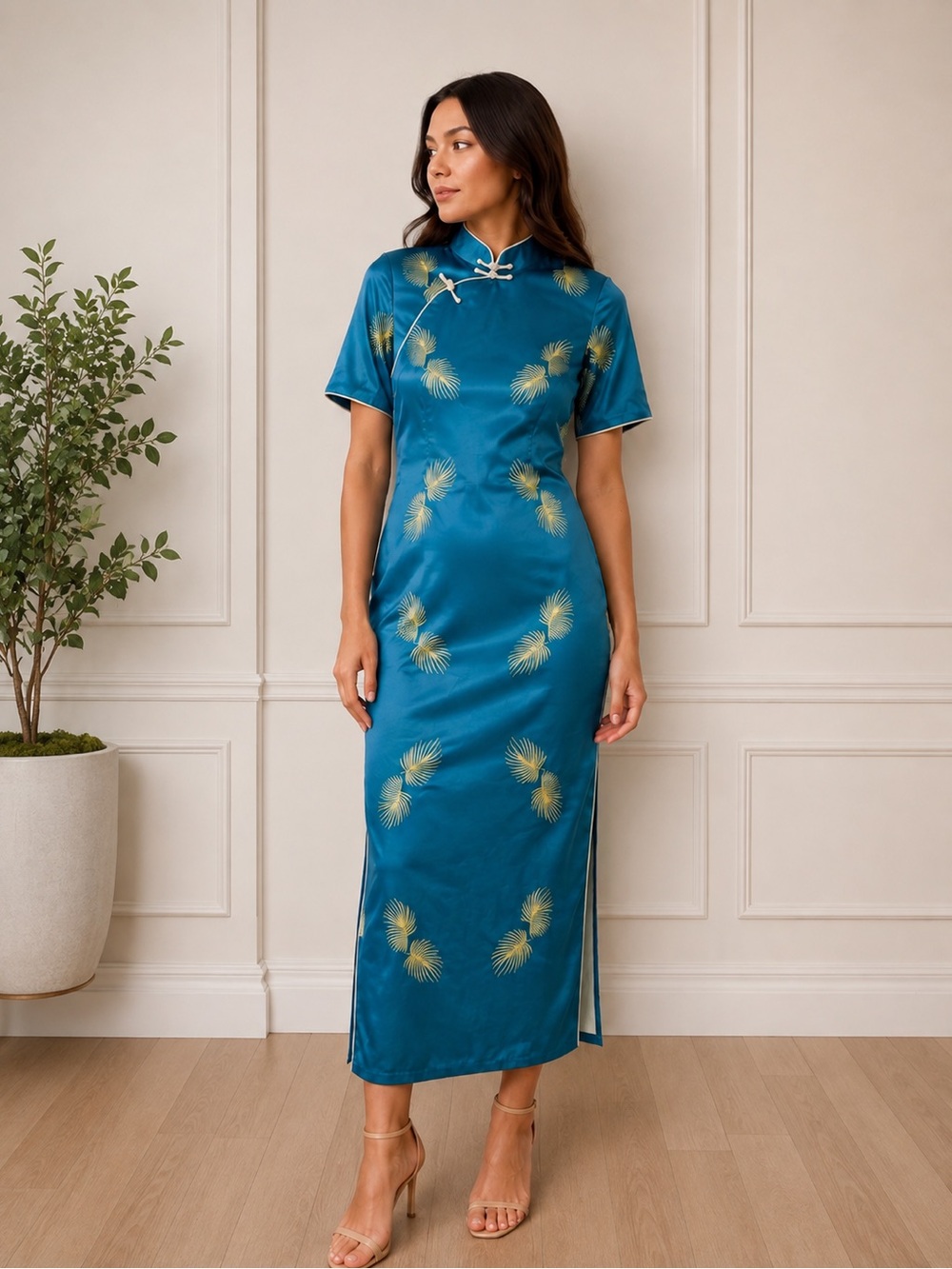 Teal Qipao Cheongsam Maxi Dress Gold Print Side Slits Size XXL